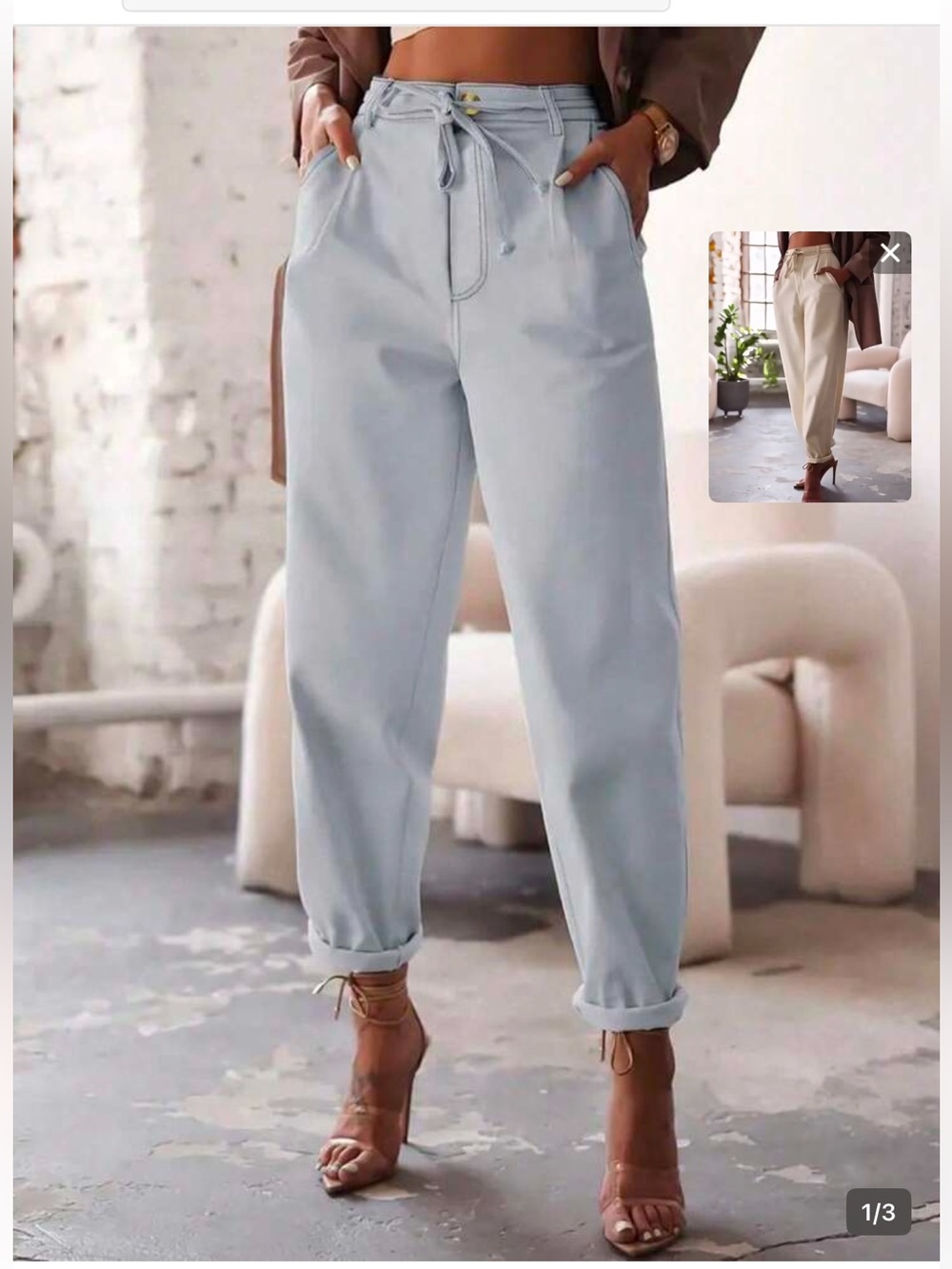 SHEIN Light Blue Drawstring High-Waist Boyfriend Jeans